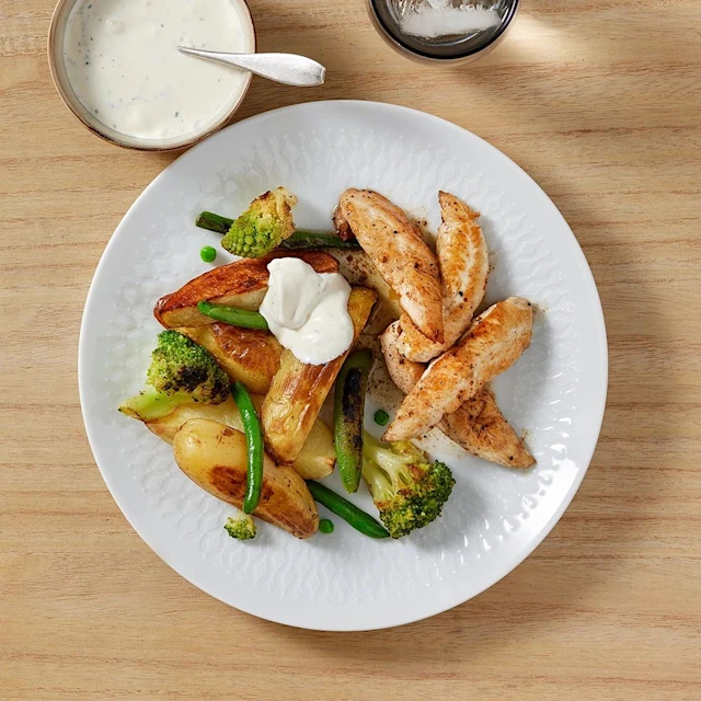 Rostad potatis med dragonkräm och kyckling