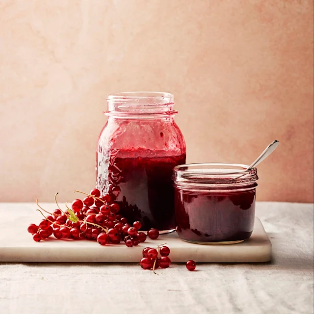 Två glasburkar med vinbärssylt står på en skärbräda, omgivna av färska vinbär. Bakgrunden är mjukt rosa.
