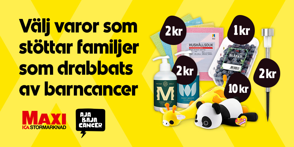 Utvalda produkter med bidrag 2 kr och 10 kr, som metallsugrör, hushållsdukar, handtvål, blåbär och mjukisdjur, med texten ”Välj varor som stöttar familjer som drabbats av barncancer”.