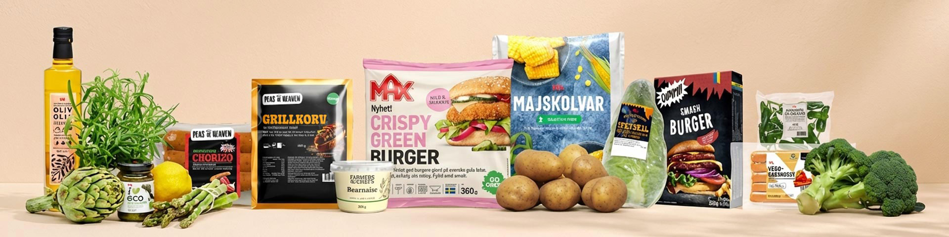Olika vegetariska och veganska produkter, färska grönsaker, potatis, bearnaisesås och olivolja. Klicka för att handla vego till grillen.