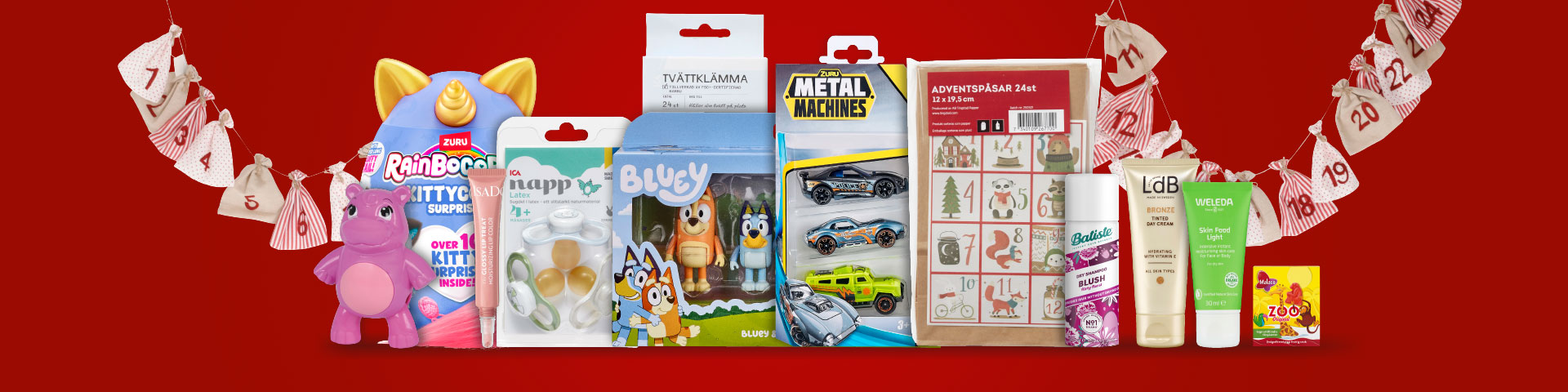 Rainbocorns Kittycorn Surprise, leksakshippopotamus, läppglans, napp, tvättklämma, Bluey-figurer, Metal Machines-bilar, adventspåsar 24 st, Batiste torrschampo, dagkräm, Weleda Skin Food Light, Zoo-godis. Klicka för att handla.