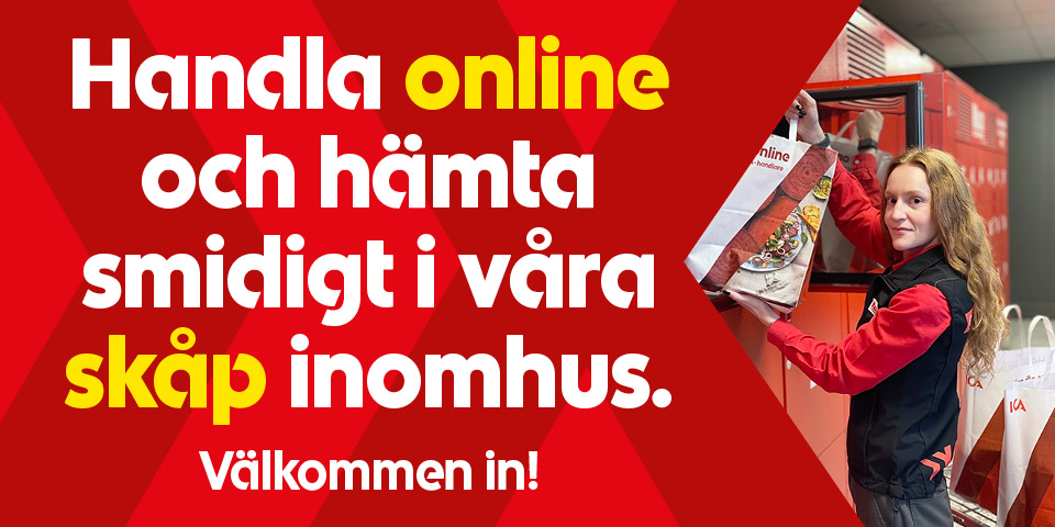Person hämtar matkasse ur ett skåp med texten "Handla online och hämta smidigt i våra skåp inomhus. Välkommen in!"