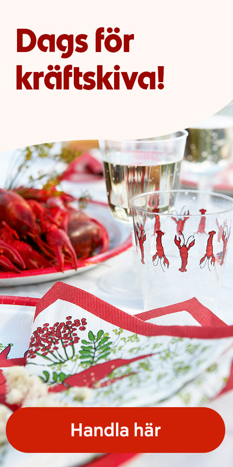 Tallrik med kräftor, glas med kräftmotiv och servett med växt- och kräftmotiv, med texten "Dags för kräftskiva!" och en knapp med texten "Handla här". Klicka för att handla.