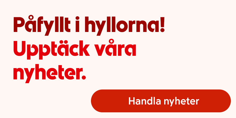 Jordgubbar och en tallrik med yoghurt, granola, jordgubbar och körsbär, med texten "Påfyllt i hyllorna! Upptäck våra nyheter." Knapp med texten "Handla nyheter". Klicka för att handla nyheter.