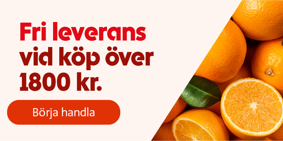 Basilikablad till vänster och apelsiner till höger med texten "Fri leverans vid köp över 1800 kr." och en knapp med texten "Börja handla". Klicka för att börja handla.