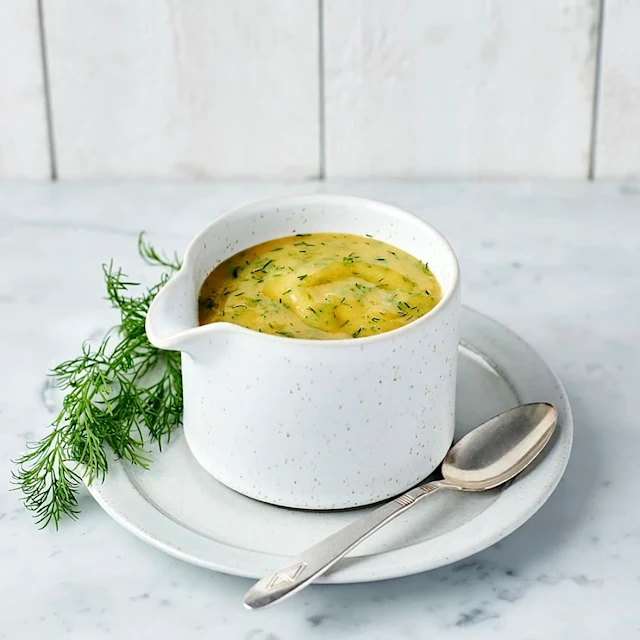Krämig sås med dill i vit kanna på tallrik med sked och dillkvist på marmorbord.