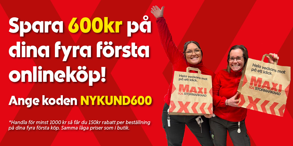  Alt-texter till e-handeln Idag kl 15:34 Två personer håller matkassar med texten “Spara 600kr på dina fyra första onlineköp! Ange koden NYKUND600 för att ta del av erbjudandet.” 