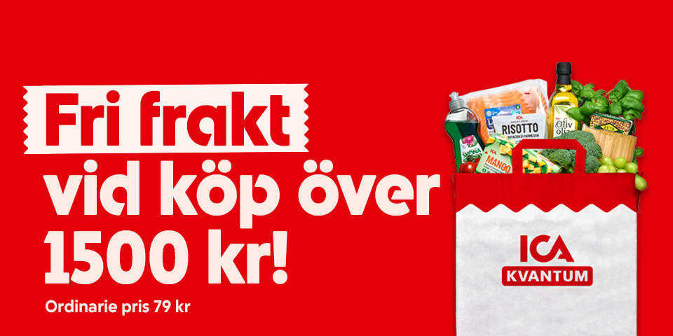 Matkasse med varor och texten “Fri frakt vid köp över 1500 kr! Ordinarie pris 79 kr”. 