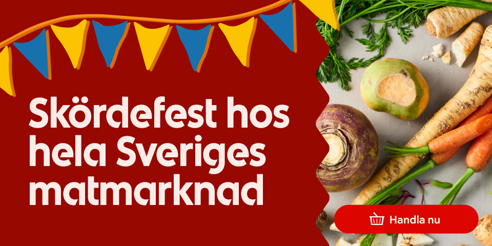 Rotfrukter och vimplar med texten Skördefest hos hela Sveriges matmarknad. Klicka för att handla.
