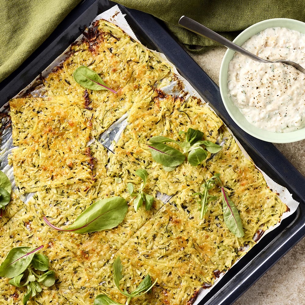 Potatis- och zucchinibiffar i långpanna