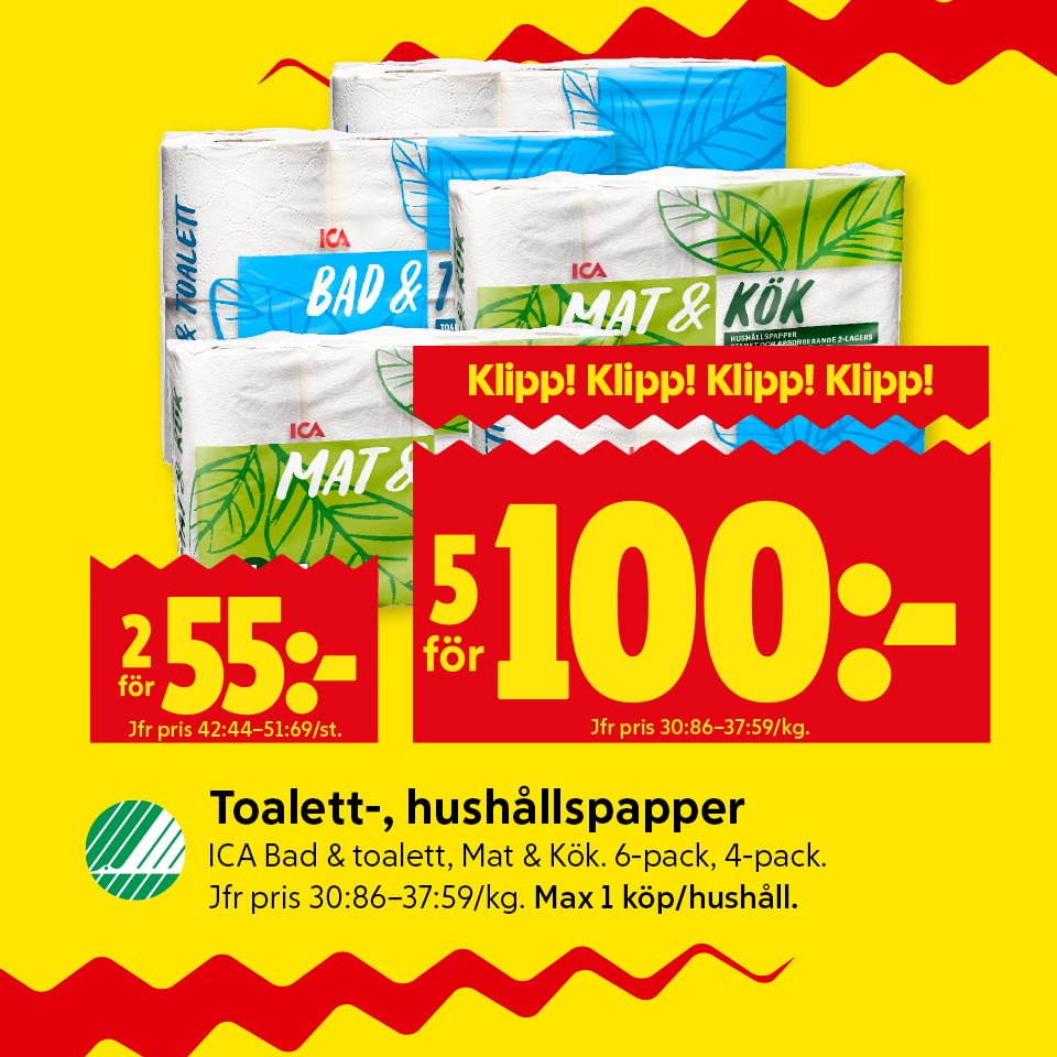 Veckans klipp - Toalett och hushållspapper från ICA basic, 2 för 55 kronor eller 5 för 100 kronor