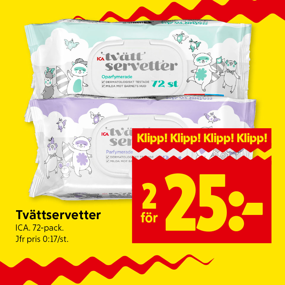 Veckans klipp - Tvättservetter från ICA 72 pack 2 för 25 kronor