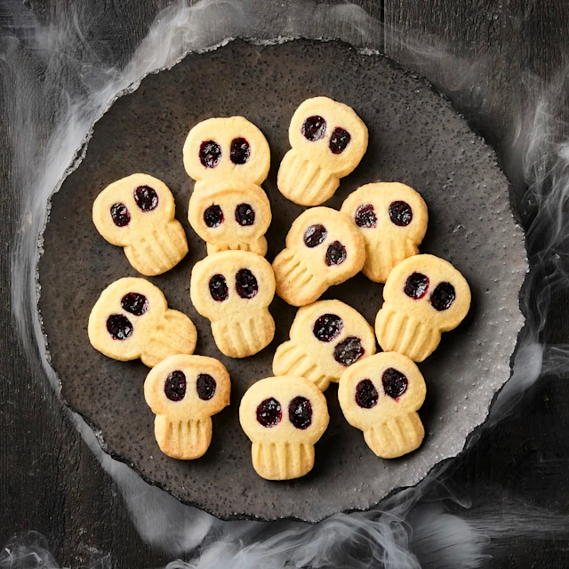 Småkakor formade som döskallar med mörka ögon av sylt, upplagda på ett fat med rök runt