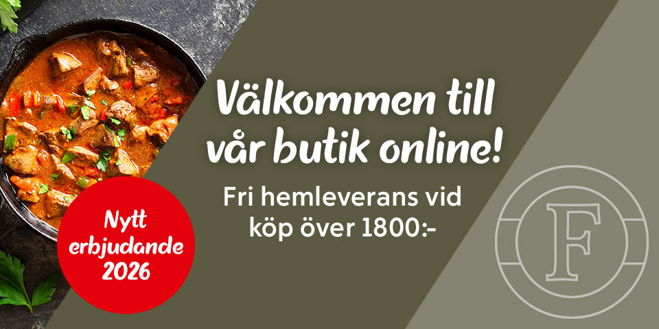 Gryträtt i panna, texten “Välkommen till vår butik online! Fri hemleverans vid köp över 1800:-” och i röd cirkel “Nytt erbjudande 2026”.