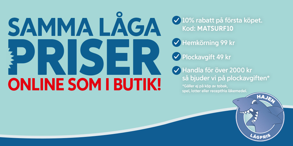 Illustration av haj med texten "HAJEN LÅGPRIS" och erbjudande: "SAMMA LÅGA PRISER ONLINE SOM I BUTIK! 10% rabatt på första köpet, kod MATSURF10. Hemkörning 99 kr, plockavgift 49 kr, fri plockavgift vid köp över 2000 kr."