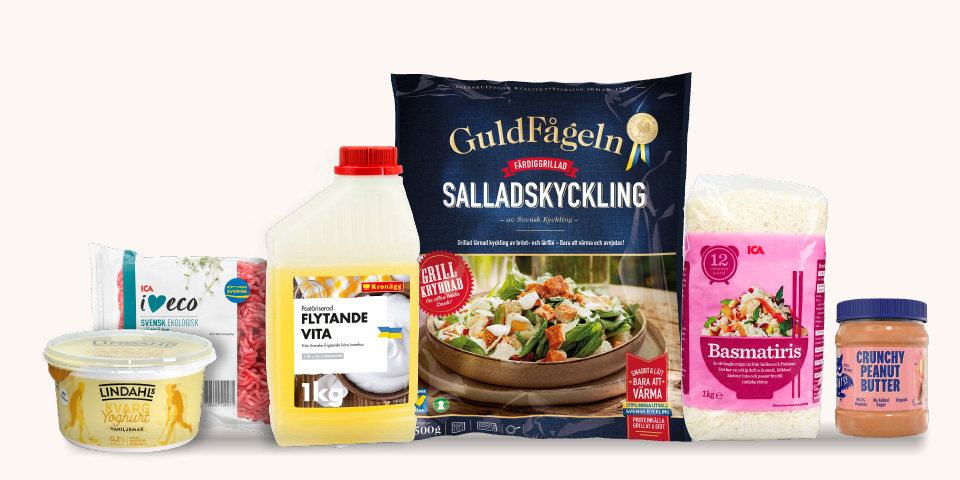 Olika livsmedel som kvargyoghurt, ekologisk nötfärs, flytande äggvita, protein havrekuddar, salladskyckling, protein gröt, jordnötssmör, ris, havregryn och sylt, med texten “Klicka för att handla.”