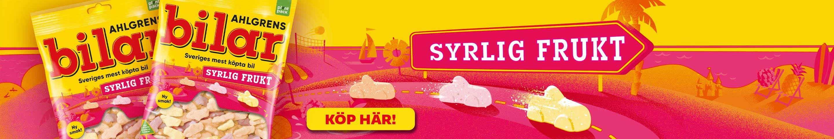 Annons från Ahlgrens bilar. Påse med Ahlgrens bilar Syrlig Frukt med texten "Syrlig frukt" och "Köp här!". Klicka för att handla.