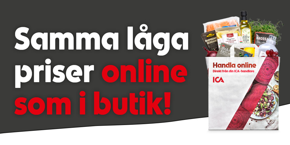Matkasse med dagligvaror framför fjällandskap och renar med texten ”Samma låga priser online som i butik!” samt ”Handla på ICA.se. Direkt från din ICA-handlare”.