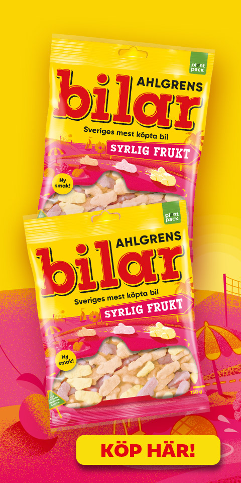 Annons från Ahlgrens bilar. Påse med Ahlgrens bilar Syrlig Frukt med texten "Syrlig frukt" och "Köp här!". Klicka för att handla.