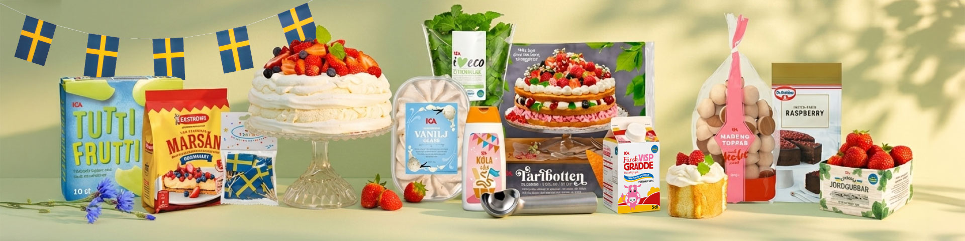 Midsommarbord med jordgubbstårtor, tårbotten, vispgrädde, vaniljsås, kex och bär samt svenska flaggor, med texten “Tutti Frutti”, “Marsán”, “ICA Vanilj”, “ICA Eco”, “Tårbotten”, “Vispgrädde”, “Madeleines”, “Raspberry”, “Jordgubbar”. Klicka för att handla.