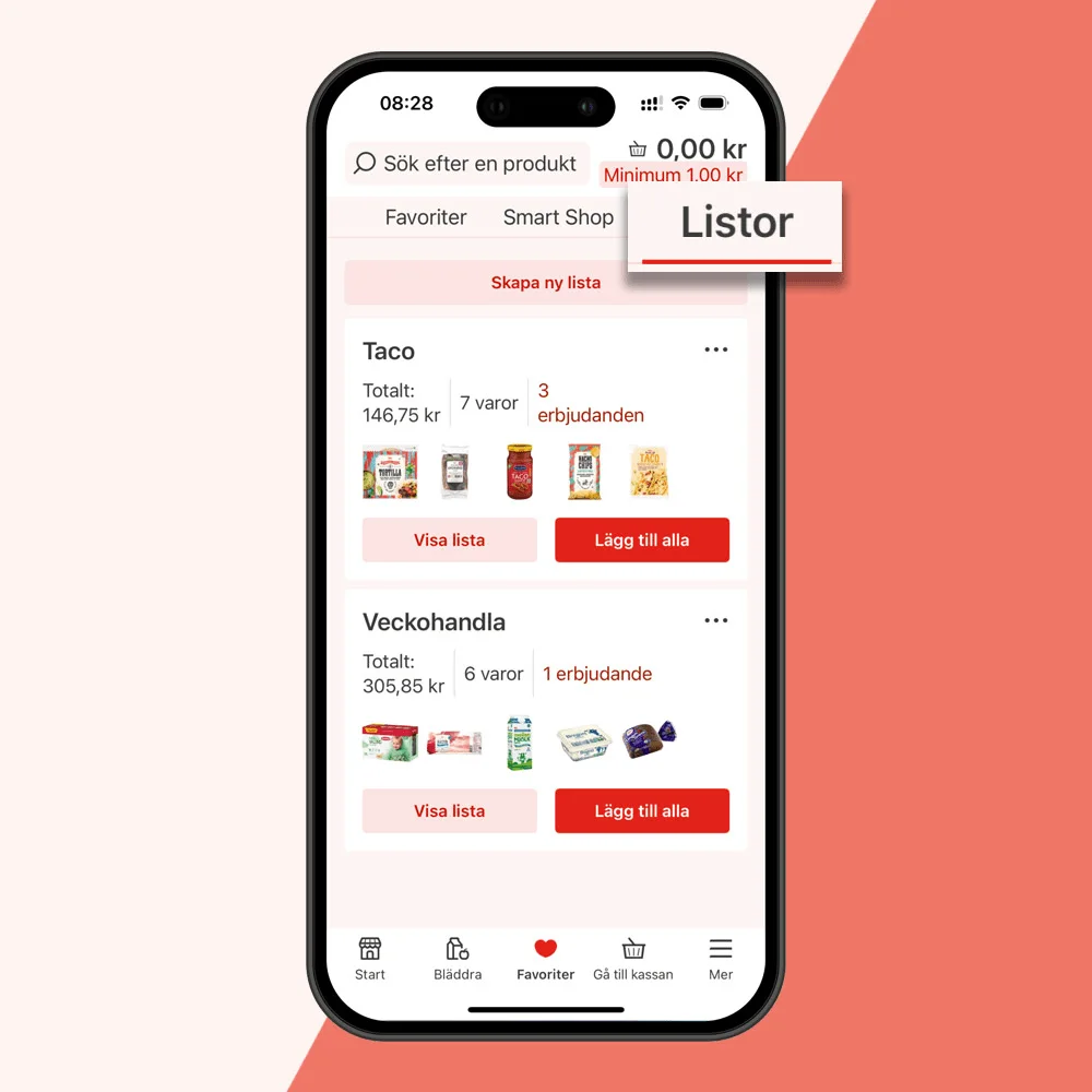 Skärmbild av inköpslistor i appen