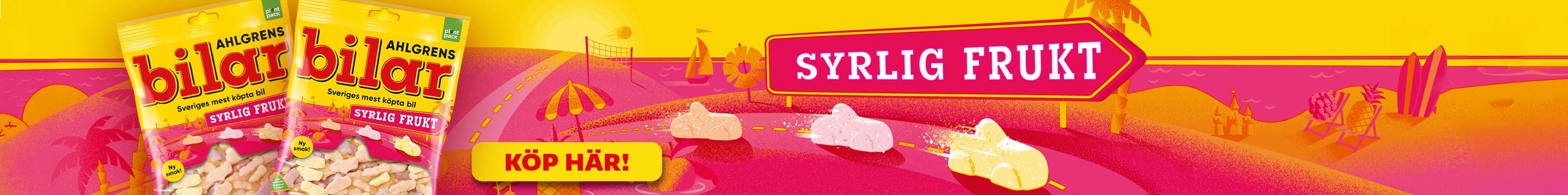 Annons från Ahlgrens bilar. Påse med Ahlgrens bilar Syrlig Frukt med texten "Syrlig frukt" och "Köp här!". Klicka för att handla.