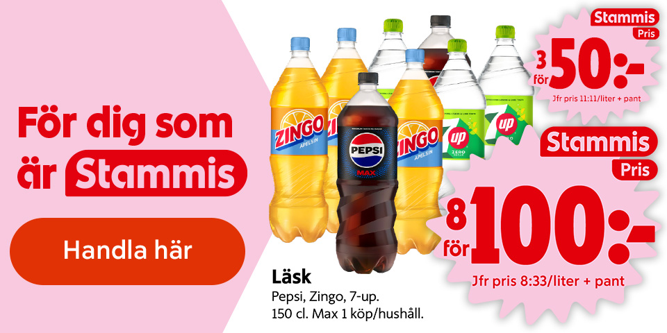 För dig som är Stammis: Flera flaskor läsk Pepsi, Zingo och 7‑up, 150 cl, med priserna ”8 för 100:-” och ”3 för 50:-”. Jfr pris 8:33/liter + pant och 11:11/liter + pant. Max 1 köp/hushåll. Klicka för att handla.