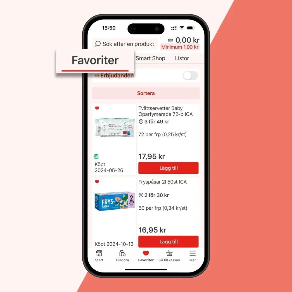 Skärmbild av favoritvaror i appen