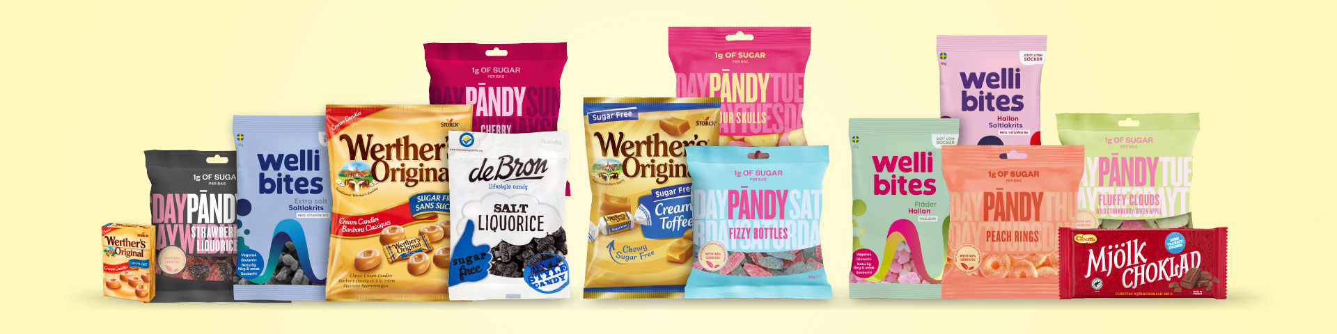 Olika sockerfria och sockerreducerade godissorter, bland annat Werther's Original, Pandy, Wellibites, de Bron lakrits och Cloetta mjölkchoklad. Klicka för att handla sockerfritt godis.