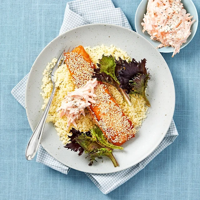 Sesamstekt lax med morotsfil