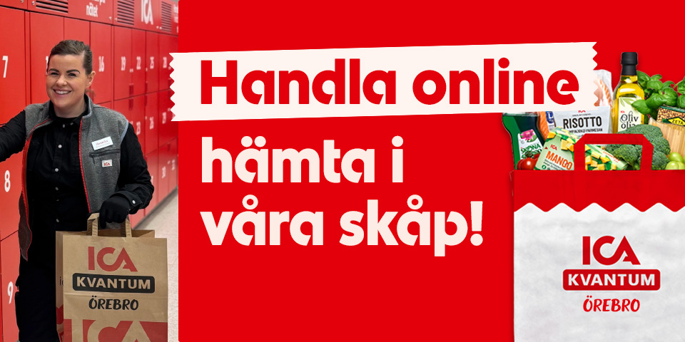 Person håller en ICA Kvantum-kasse vid röda skåp, med varor och matkasse till höger, med texten "Handla online hämta i våra skåp! ICA Kvantum Örebro".