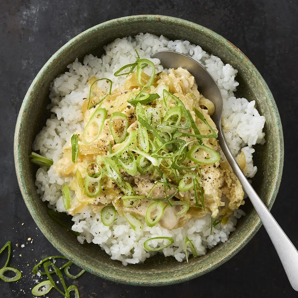 Skål med ris toppad med en kycklinggryta och tunt skivad salladslök. 