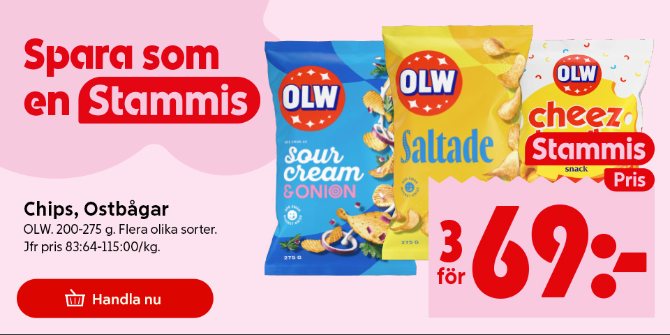 Chips och ostbågar från OLW i påsar med texten "Spara som en Stammis. Chips, Ostbågar OLW 200–275 g. Flera olika sorter. Jfr pris 83:64–115:00/kg. Handla nu. För dig som är Stammis: 3 för 69:-". Klicka för att handla.