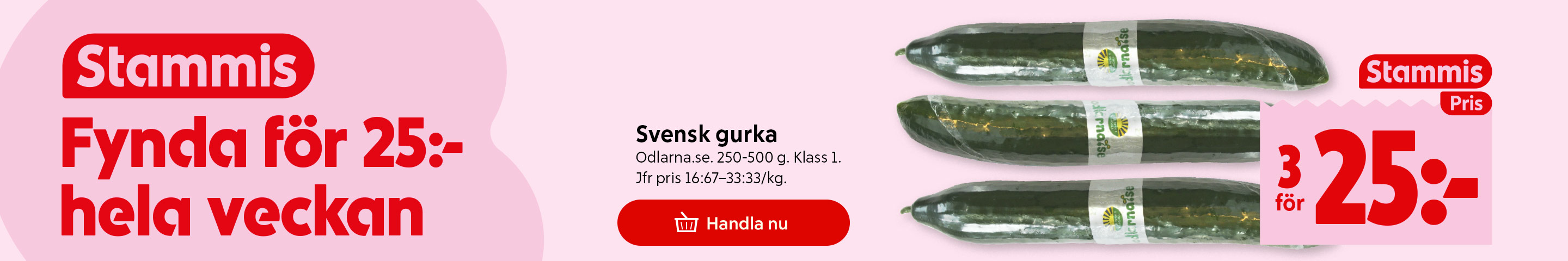 Stammispris: 3 svenska gurkor, Odlarna.se, 250–500 gram, klass 1, för 25 kronor. Jämförpris 16 kronor och 67 öre till 33 kronor och 33 öre per kilogram. Klicka för att handla.