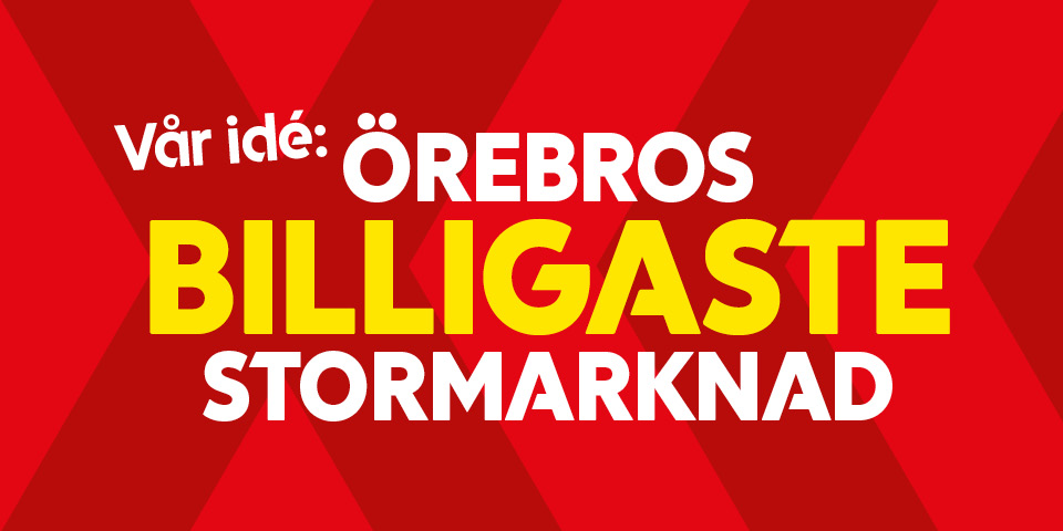 Tre personer i röda skjortor står bredvid varandra med texten “Vår idé: Örebros billigaste stormarknad”.