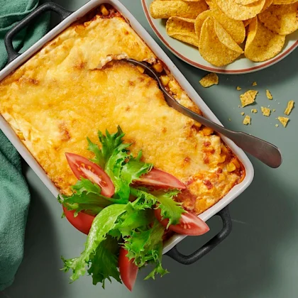 Tacogratäng med nachos och majs