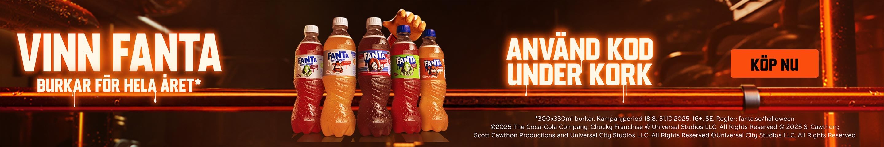 Annons från Fanta. Fem flaskor Fanta med olika smaker står på rad, med texten "Vinn Fantaburkar för hela året* Använd kod under kork". Knapp med texten "Köp nu". Klicka för att handla.