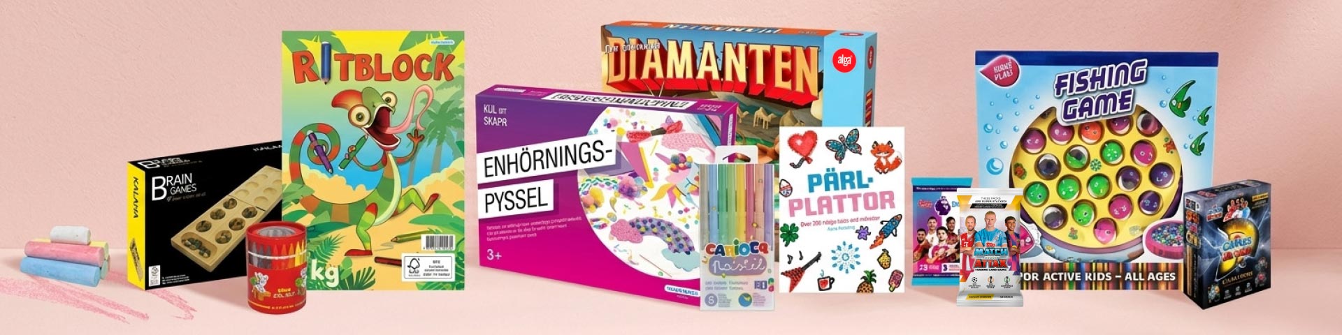 Presentidéer för barn som sällskapsspel, pyssel, pärlplattor och leksaker, med produkter som ”Ritblock”, ”Diamanten”, ”Enhörningspyssel”, ”Pärlplattor” och ”Fishing Game”. Klicka för att handla presenter.