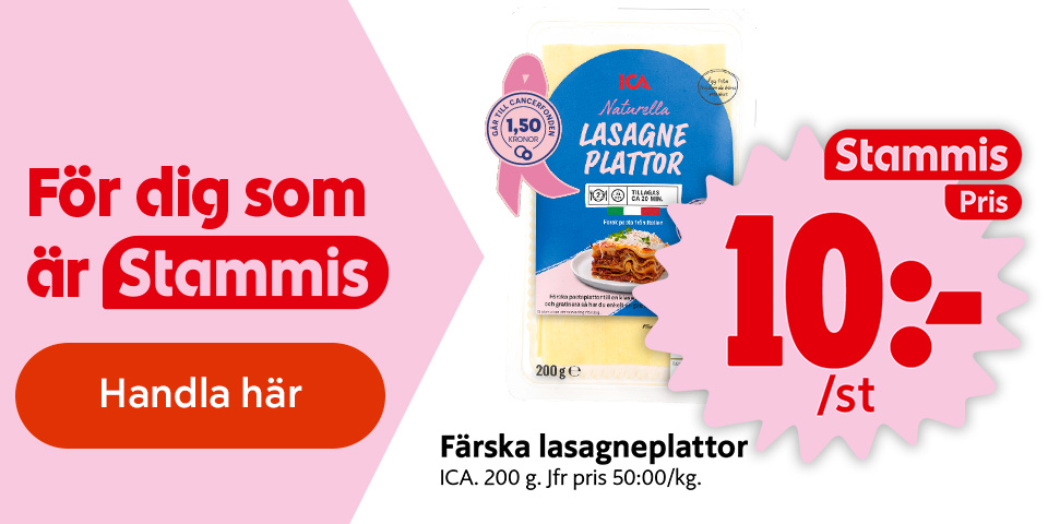 För dig som är Stammis: ICA Naturella lasagneplattor, 200 g, stammispris 10 kronor styck. Märkt Rosa Bandet. Jämförpris 50:00/kg. Med texten ”För dig som är Stammis”, ”Stammis Pris” och ”Handla här”. Klicka för att handla.