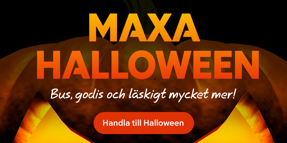 MAXA HALLOWEEN, ”Bus, godis och läskigt mycket mer!” och knappen ”Handla till Halloween”. Klicka för att handla.