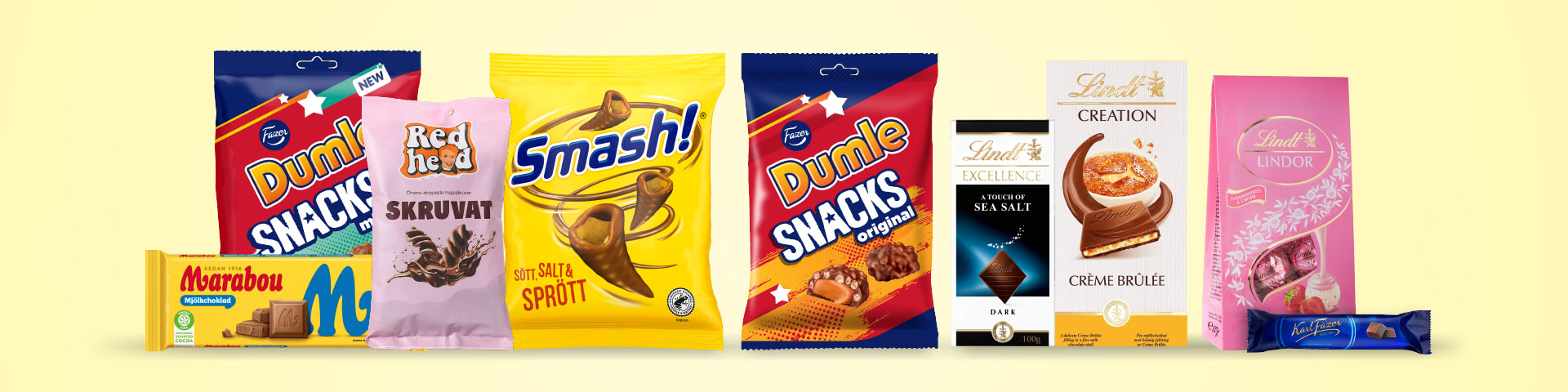 Olika choklad- och snacksprodukter, bland annat Marabou mjölkchoklad, Dumle Snacks, Redhead Skruvat, Smash!, Lindt Excellence, Lindt Creation, Lindt Lindor och Karl Fazer choklad. Klicka för att handla choklad till påskägget.