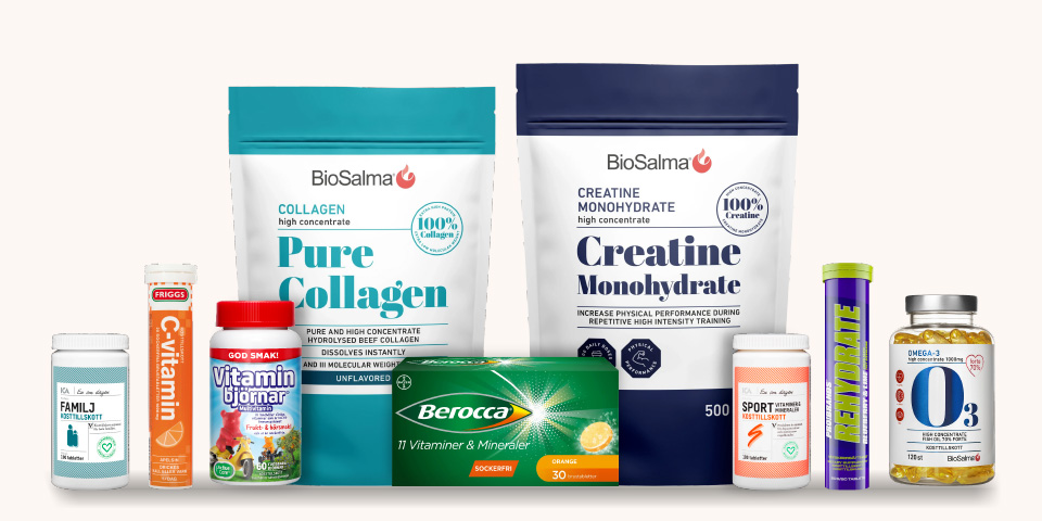 Collagen, BioSalma Creatine Monohydrate, Superfruit Acai Powder, God Smak Vitaminbjörnar, Berocca, Renée Voltaire Spirulinapulver, Möller’s Tran, BioSalma Omega-3 och Möller’s Omega-3 Immun, med texten “Klicka för att handla.”