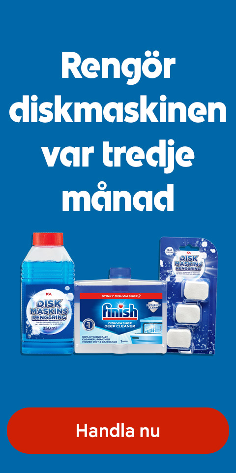 Rengör diskmaskinen var tredje månad. Klicka här för att handla diskmaskinsrengöring.