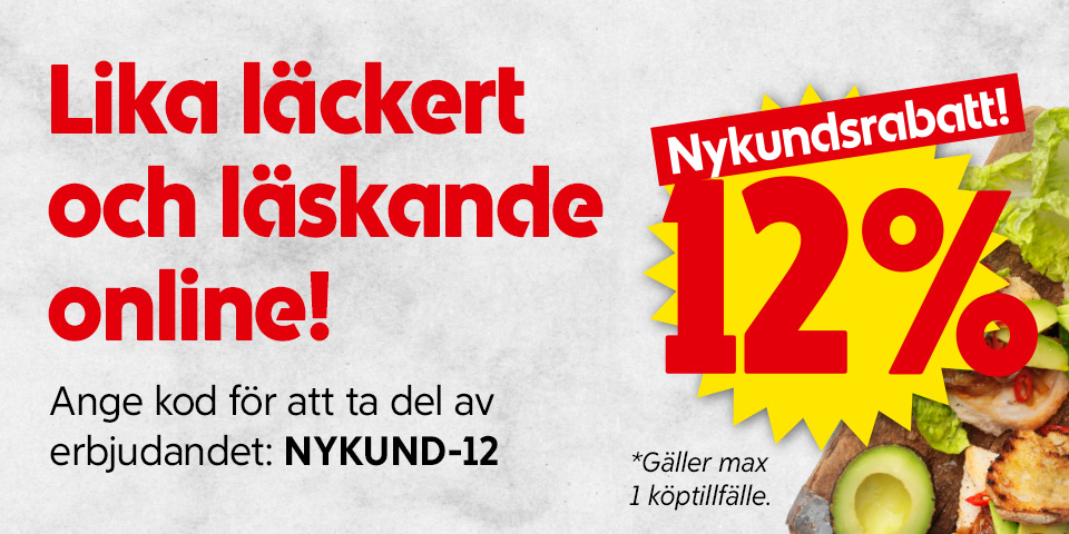 Smörgåsar med grönsaker och pålägg, med texten “Lika läckert och läskande online! Ange kod för att ta del av erbjudandet*: NYKUND-12 *Gäller max 1 köptillfälle. Nykundsrabatt! 12%”. 