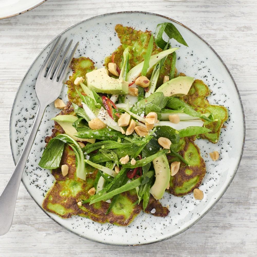 Asiatiska spenatpannkakor med ingefära och jordnötter