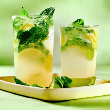 Två drinkar med lime och mynta på en vit bricka mot grön bakgrund.