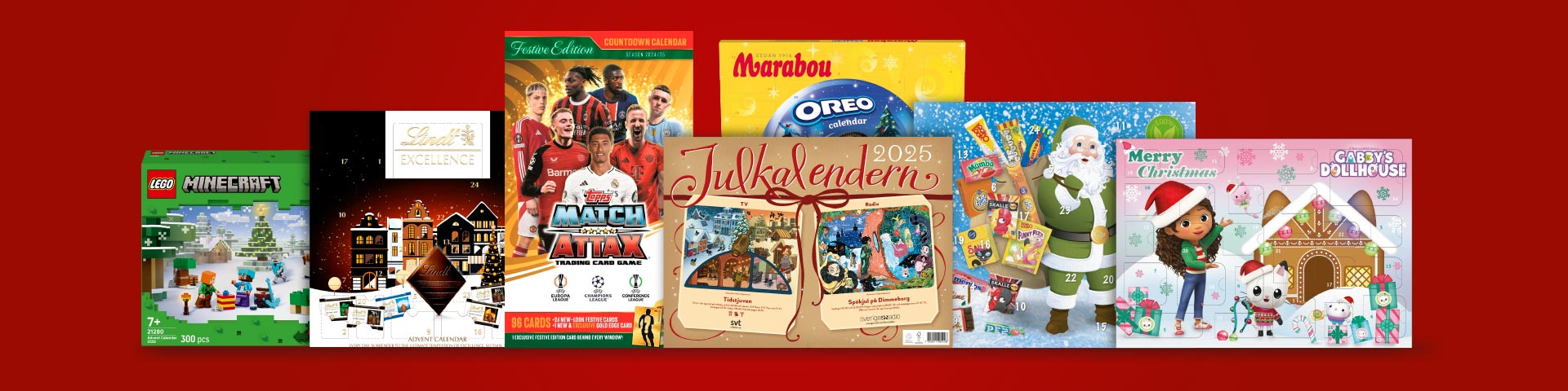Adventskalendrar från LEGO Minecraft, Lindt, Match Attax, Marabou, Oreo, SVT:s julkalender, Haribo, samt kalendrar med jultomte och Gabby’s Dollhouse. Text: "Julkalendern 2025 Spökul på Dimönborg". Klicka för att handla.