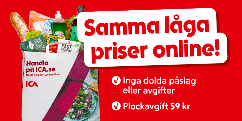 Samma låga priser online - inga dolda påslag eller avgifter - plockavgift 59 kronor. 