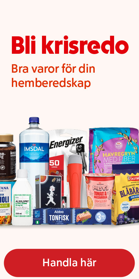 Olika varor för hemberedskap, som konserver, vatten, havregryn, pasta, blåbärssoppa, ficklampa och batterier, med texten "Bli krisredo. Bra varor för din hemberedskap". Klicka för att handla.