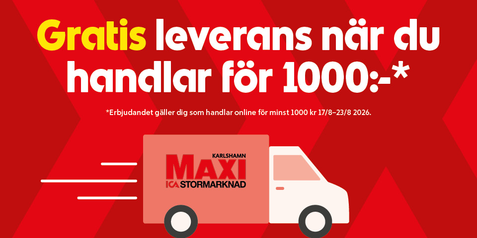Illustration av en leveransbil med texten ”Gratis leverans när du handlar för 1000:-* *Erbjudandet gäller dig som handlar online för minst 1000 kr 17/8–23/8 2026.” 